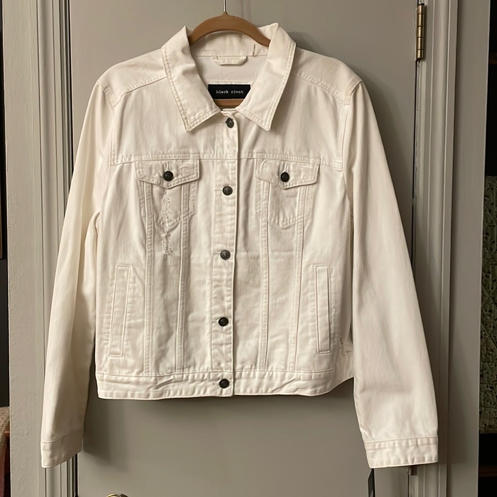 Black Rivet Distressed White Jean Jacket